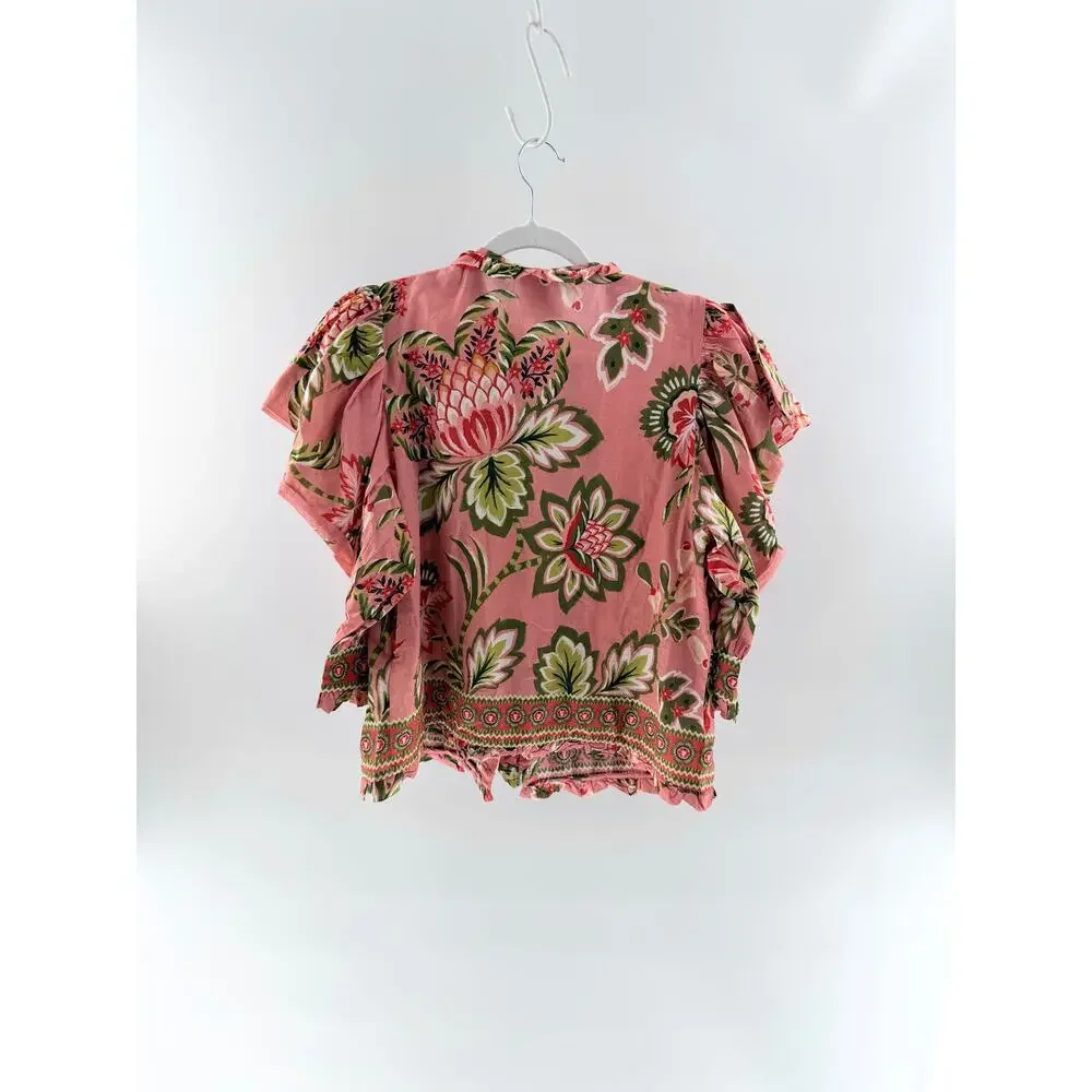 FARM Rio Aura Floral Short-Sleeve High Neck Blouse Top Soft Pink Women's Medium
